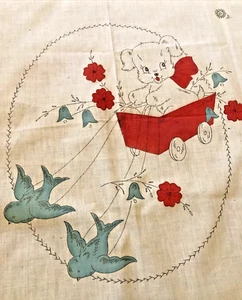 Vintage Vogart Puppy Blue Bird Crib Blanket Panel To Embroider 36" by 47" - Picture 1 of 8