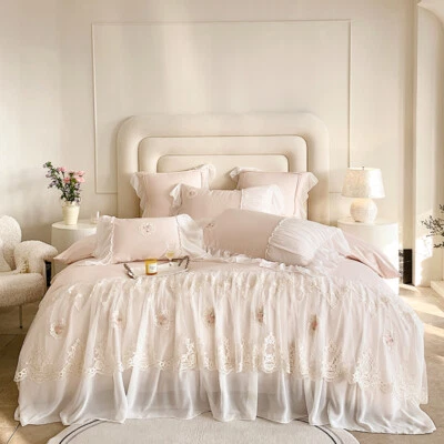 Bedding Set 4pcs Pure Cotton Lace Embroidery Duvet Cover Bed Skirt 2 Pillowcases - Image 1 of 4