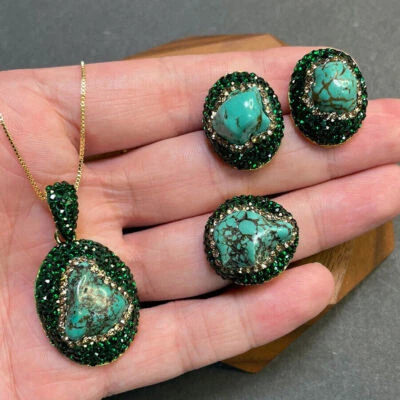 Juego de Pendientes + Anillo + Colgante Collar Colgante Gemas Turquesa Aguamarina Cristal Amatista Foto 1 de 4