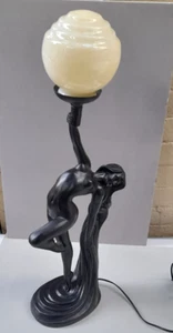 Vintage Black Art Deco Nude Lady Woman Figural Statue Lamp w Glass Lampshade - Picture 1 of 15