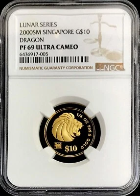 2000 GOLD SINGAPORE $10 LION 631 MINTED LUNAR YEAR OF DRAGON PRIVY NGC PF 69 UC - Image 1 of 2