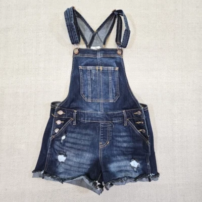 Jordache Denim Overalls Juniors Size S Shortalls Y2K 90's Distressed Blue Cuffs - Image 1 of 4