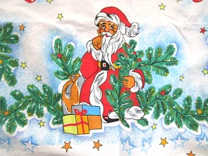 Vintage MCM Christmas Linen Tablecloth Santa Stars Pine Ornaments 80x56- Unused - Picture 1 of 4