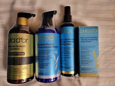 Lote de 4 ~ Xampu, Condicionador, Soro e Spray de Estilo para Tratamento de Queda de Cabelo PURA D'OR - Imagem 1 de 4
