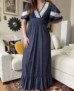 Vintage 70s Boho Blue And White Maxi Dress - Picture 1 of 4