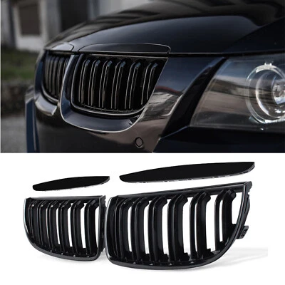 For BMW 3 Series E90 E91 2004-2008 Kidney Grill GLOSS BLACK Front Grille Twin Bridge - Image 1 of 4