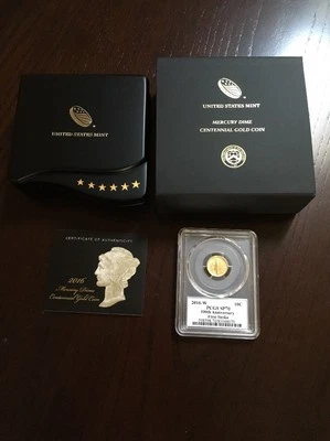 Moneda de diez centavos Mercury Centennial 2016 1/10 OZ GRADUACIÓN PROFESIONAL SP70 Foto 1 de 4