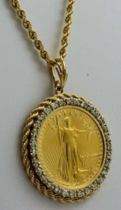 1Ct Round Lab Created Diamond Lady Liberty Coin Pendant 14K Yellow Gold Plated - Picture 1 of 4