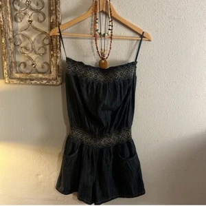 CATO Chambray Boho Tube Top Romper Women’s Medium Dark Wash Pockets Zip Sides - Picture 1 of 13