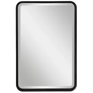 Minimalist Rustic Black Metal Wall Mirror, 30" Thin Frame Curved Edge Vanity - Picture 1 of 7