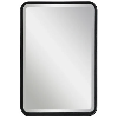 Minimalist Rustic Black Metal Wall Mirror, 30" Thin Frame Curved Edge Vanity - Image 1 of 4