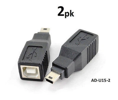 2-PACK USB 2.0 Mini-B 5-Pin Male to USB B Female Converter Adapter, AD-U15 - Image 1 of 2