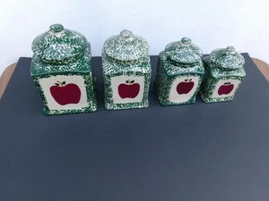 VTG. ( 4 PIECE CANSTER SET ) GREEN SPONGEWARE APPLE ON FRONT WITH LIDS UNUSED - Picture 1 of 5