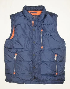ORVIS Navy Blue /Orange Goose Down Mens M Puffer Vest Quilted Snap Zip Pockets - Picture 1 of 9