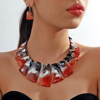 ' Kleopatra ' Statement Damen Set *** Collier Kette Ohrringe Acryl  rot - Bild 1 von 4