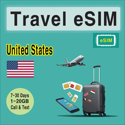 [eSIM] USA United States Travel SIM Card, 7-30 Days,1-20GB, Call & Text, QR Code - Image 1 of 3