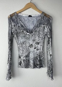 Komarov Crinkle Stretch Lace Silver Blue Sheer Blouse Dramatic Bell Sleeve Small - Picture 1 of 12