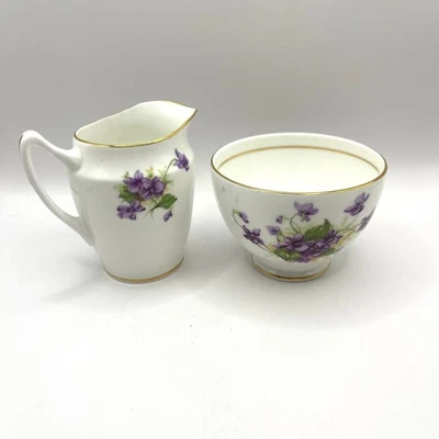 Vintage Duchess Bone China Creamer And Sugar Open Bowl Violet Floral Set of 2 - Image 1 of 4