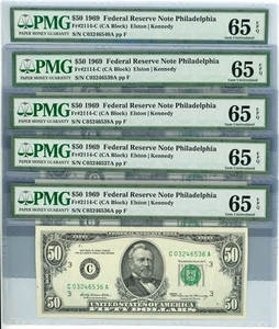 Fr. 2114-C $50 1969 Federal Reserve Note 5 Consecutive EPQ PMG DC-2155 - Picture 1 of 3