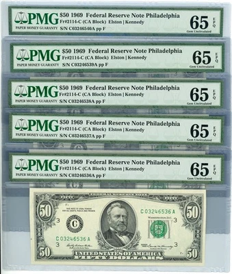 Fr. 2114-C $50 1969 Federal Reserve Note 5 Consecutive EPQ PMG DC-2155 - Image 1 of 3
