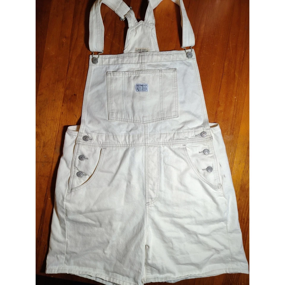 Levi's Premium White Denim Overalls Shorts Women's Large Waterless - Image 1 of 4