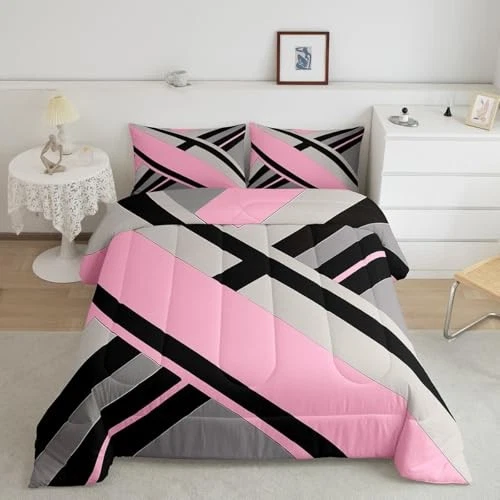  Pink Grey Black Abstract Comforter Set Abstract Full Pink Grey Black1 - Image 1 of 4