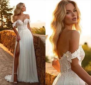 Vestido de novia de encaje bohemio con hombros descubiertos sin espalda sexy alto dividido una línea - Imagen 1 de 8