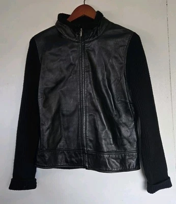 APT 9 кожаная куртка женщин L черный шерсти два изделия Moto гранж мотоциклиста прочный осени - Изображение 1 из 4