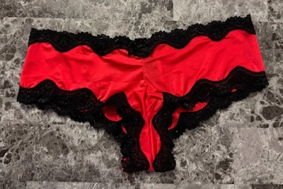NUEVO CON ETIQUETAS BRAGAS VICTORIA'S SECRET ROJO MEDIO SATINADO LISO NEGRO ENCAJE RARAS DESCARADAS Foto 1 de 3
