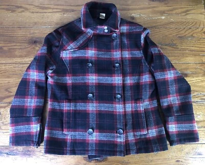 Casaco Woolrich ervilha feminino pequeno preto vermelho xadrez jaqueta de lã peito duplo - Imagem 1 de 4