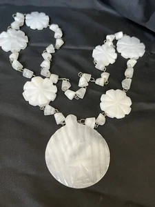 Vintage Carved Alabaster Pendant Necklace Aztec Design Made in Mexico 28" - Picture 1 of 11