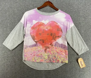 Mudd Girls Grey Colorful 3/4 Sleeves T-Shirt Size XL/ 16 Youth Satin Front Heart - Picture 1 of 16