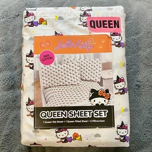 Hello Kitty Sanrio Halloween Witch on Broom QUEEN White Cotton Sheet Set NEW - Picture 1 of 3