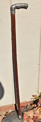 Antique Walking Stick Cane Hammered Pewter L Handle 33 3/4" Long Steel Tip - Image 1 of 4
