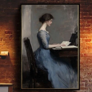 French Portrait Painting In Moody Grey Tones, Vintage Woman Sitting Poster - Picture 1 of 5