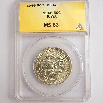 1946 Iowa Silver Half Dollar Commemorative Coin ANACS MS-63 - Image 1 of 3