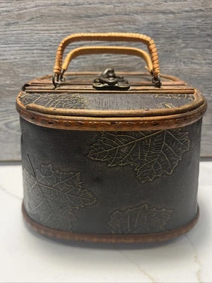 Vintage 90s Y2K Brown Bamboo Floral Hard Sided Top Handle Purse - Image 1 of 4