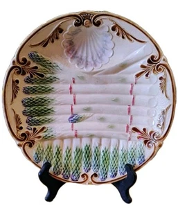French Majolica Barbotine Asparagus Plate Embossed Aparagus w/Shell Well Antique - Picture 1 of 12
