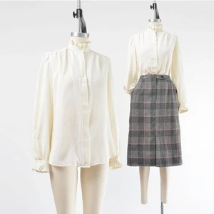  Vintage 80s Cream Polka Dot Satin Ruffle Top Work Office Secretary Blouse S - Picture 1 of 8