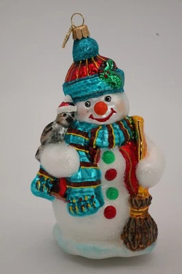 Glas-Ornament Schneemann mit Besen und Vogel, Höhe 14,5 cm, Weihnachtsschmuck - Bild 1 von 4
