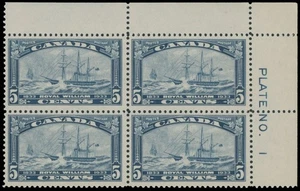 1933, CANADA SS ROYAL WILLIAM 5C BLUE, PLATE NO. 1 BLOCK OF 4, NH, U#204 - Picture 1 of 2