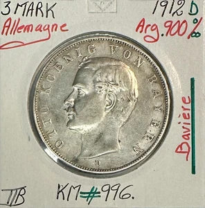 ALLEMAGNE - 3 MARK - 1912 D - Pièce de Monnaie en Argent // Qualité : TTB - Picture 1 of 2