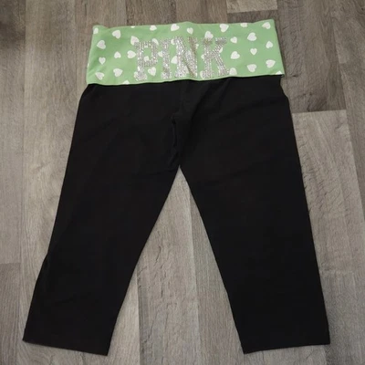 Y2K 2011 Victoria's Secret PINK Foldover Bling Yoga Capri Pants Hearts Med Green - Image 1 of 4