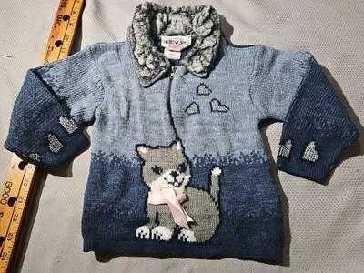 Vtg Heartworks Sweater Toddler Large 4T Blue Kitten Cat Bow Faux Fur Zip Hearts - Image 1 of 4