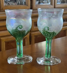 2 Ron Hinkle Hand Blown Art Glass Green Iridescence Wine Goblet Signed 2009 - Picture 1 of 17
