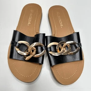 Soda Sandals Size 6 Casual Black Pleather Band With Chain Detail - Picture 1 of 8