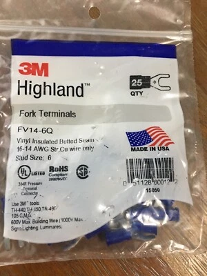 3M Highland Fork Terminals FV14-6Q Vinyl Insulated 16-14 AWG Qty 25 - Image 1 of 4