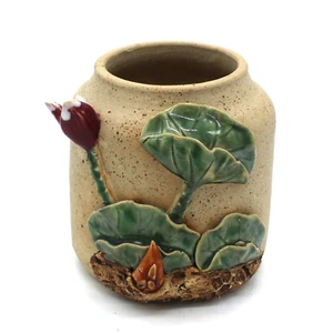 Studio Majolica Pottery Vase with 3D Lily & Leaves Signed Vase Planter - Picture 1 of 14