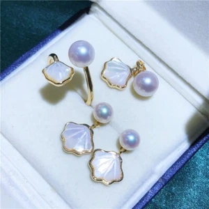 AAA+++ 9-10 mm Akoya weiße Perle 18K Gold umwickelt Anhänger Ring Ohrring drei Set - Bild 1 von 6