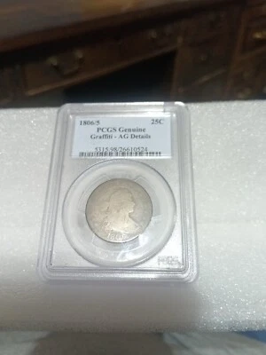 1806/5 25C Draped Bust Quarter, PCGS graffiti  -AG Details / Rare Coin Foto 1 de 4